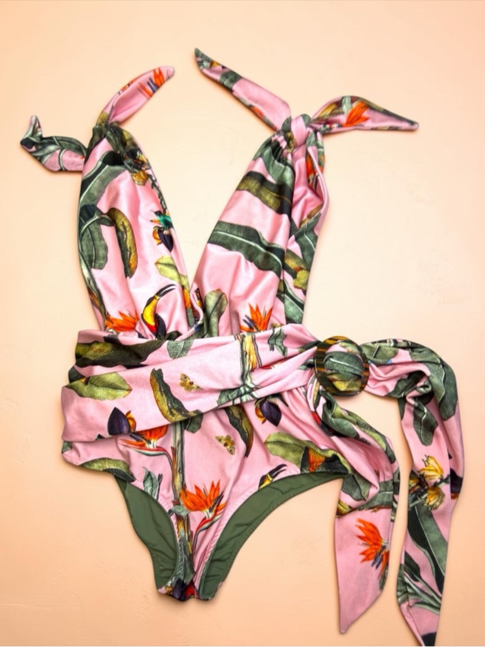 PatBO Pink Tropical Floral One Piece Swimsuit Belted Resortwear Halter Size L
